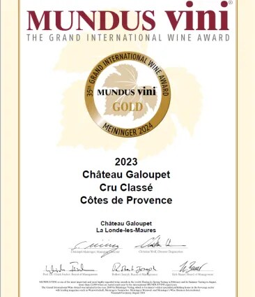 Certificate of MUNDUS VINI 2024 award Château Galoupet Cru Classé Côtes de Provence golden medal