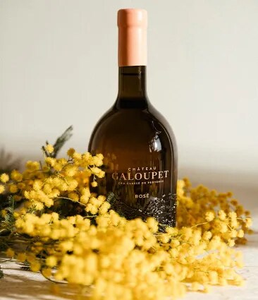 Château Galoupet Cru Classé Côtes de Provence Rosé bottle amidst mimosa flowers