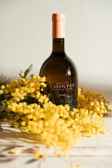 Beautiful shot of Château Galoupet Cru Classé Côtes de Provence surrounded by mimosa flowers.